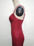Women Strappy Heart-Shaped Lace Grid Embroidery Beaded Fishbone Formal Party Evening Dress