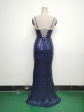 Women Beaded Tube Fishbone Lace-Up Sequin Formal Party Evening Dress