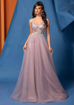 Women's Elegant A-Line Low Back Beaded Mesh Pink Sequin Strap Bridesmaid Formal Evening Dress