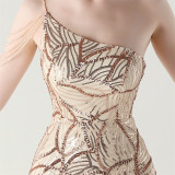 Women One Shoulder Beaded Sequin Embroidery Formal Party Prom Wedding Evening Dress
