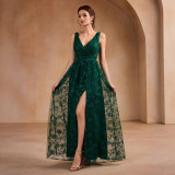Women High Mesh Embroidered V-Neck Slit Evening Dress（Processing time need 3-6 days）