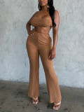 Women's Casual Sleeveless One Shoulder Crop Top Loose Wide Leg PantsTwo Piece Set