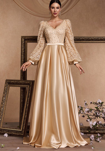 Women's Elegant Sequin Contrast Color Satin Long Sleeve V-Neck A-Line Evening Ball Gown