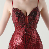 Women Beaded Tube Fishbone Lace-Up Sequin Formal Party Evening Dress