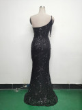 Women One Shoulder Beaded Sequin Embroidery Formal Party Prom Wedding Evening Dress