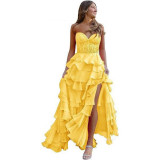 Women suspender Strapless Spring Summer sexy slit party ball Cascading Ruffles Evening Dress（Processing time need 3-6 days）