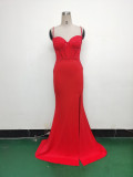 Women Strappy Heart-Shaped Lace Grid Embroidery Beaded Fishbone Formal Party Evening Dress