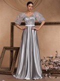Women's Elegant Chic Sequin Patchwork U-Neck Short Sleeve Fishbone Cocktail Formal Evening Dress