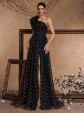 Women's Elegant Chic Long Elegant Slash Shoulder Embroidered Polka Dot Mesh Formal Cocktail Evening Dress