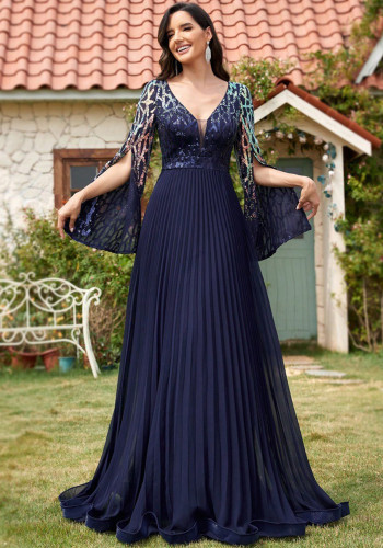 Women's Elegant Long Sleeve Split Sequin Patchwork Chic Cocktail Bridesmaid Evening Dress