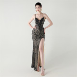 Women Beaded Tube Fishbone Lace-Up Sequin Formal Party Evening Dress