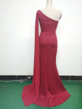Women One Shoulder Slant Back Patchwork Mesh Formal Party Evening Dress