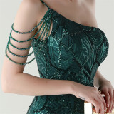 Women One Shoulder Beaded Sequin Embroidery Formal Party Prom Wedding Evening Dress