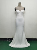 Women Strappy Heart-Shaped Lace Grid Embroidery Beaded Fishbone Formal Party Evening Dress