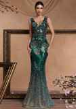 Women's Luxury Bridesmaid Party Long Elegant Deep V Sequin Embroidered Chic Formal Cocktail Evening Dress