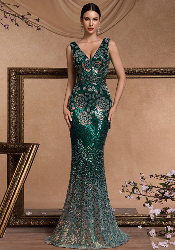 Women's Luxury Bridesmaid Party Long Elegant Deep V Sequin Embroidered Chic Formal Cocktail Evening Dress
