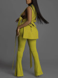 Women's Sexy Belt High Waist Bell Bottom Pants V-Neck Sleeveless Top Two Piece Set