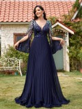 Women's Elegant Long Sleeve Split Sequin Patchwork Chic Cocktail Bridesmaid Evening Dress