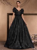 Women's Elegant Chic Sequin Patchwork Short Sleeve Cocktail Formal Evening Dress