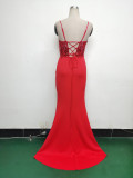 Women Fishbone Lace-Up Formal Formal Party Prom Strappy Sequin Evening Dress