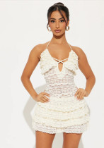 Women's Summer White Lace See Through Halter Neck Short Dress