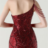 Women One Shoulder Beaded Sequin Embroidery Formal Party Prom Wedding Evening Dress