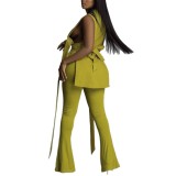 Women's Sexy Belt High Waist Bell Bottom Pants V-Neck Sleeveless Top Two Piece Set