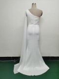 Women One Shoulder Slant Back Patchwork Mesh Formal Party Evening Dress
