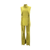 Women's Sexy Belt High Waist Bell Bottom Pants V-Neck Sleeveless Top Two Piece Set