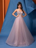 Women's Elegant A-Line Low Back Beaded Mesh Pink Sequin Strap Bridesmaid Formal Evening Dress