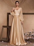 Women's Elegant Sequin Contrast Color Satin Long Sleeve V-Neck A-Line Evening Ball Gown