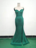 Women Strappy Heart-Shaped Lace Grid Embroidery Beaded Fishbone Formal Party Evening Dress