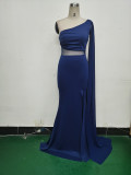 Women One Shoulder Slant Back Patchwork Mesh Formal Party Evening Dress