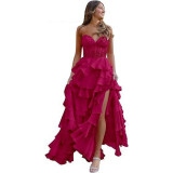 Women suspender Strapless Spring Summer sexy slit party ball Cascading Ruffles Evening Dress（Processing time need 3-6 days）