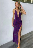 Women's Chains Sexy V-Neck Slit Low Back Slim Prints Dress