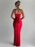 Women's Sexy Satin Low Back Slim V-Neck Fishbone Strap Evening Dress