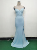 Women Strappy Heart-Shaped Lace Grid Embroidery Beaded Fishbone Formal Party Evening Dress