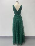 Women High Mesh Embroidered V-Neck Slit Evening Dress（Processing time need 3-6 days）