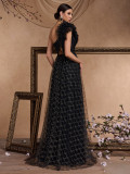 Women's Elegant Chic Long Elegant Slash Shoulder Embroidered Polka Dot Mesh Formal Cocktail Evening Dress