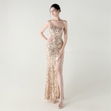 Women One Shoulder Beaded Sequin Embroidery Formal Party Prom Wedding Evening Dress