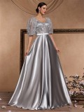 Women's Elegant Chic Sequin Patchwork U-Neck Short Sleeve Fishbone Cocktail Formal Evening Dress
