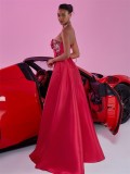 Women's Elegant Low Back Strapless A-Line Red Bridesmaid Formal Evening Dress