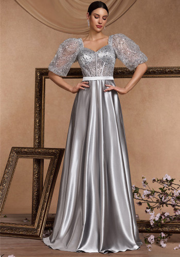 Women's Elegant Chic Sequin Patchwork U-Neck Short Sleeve Fishbone Cocktail Formal Evening Dress