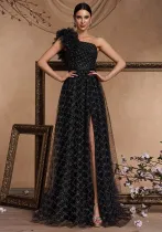Women's Elegant Chic Long Elegant Slash Shoulder Embroidered Polka Dot Mesh Formal Cocktail Evening Dress