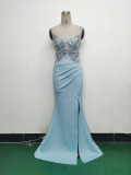 Women Fishbone Lace-Up Sequin Embroidery Formal Formal Party Evening Dress