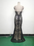 Women Beaded Tube Fishbone Lace-Up Sequin Formal Party Evening Dress