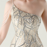 Women One Shoulder Beaded Sequin Embroidery Formal Party Prom Wedding Evening Dress