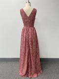 Women Printed Chiffon Party Sleeveless V-Neck Slit Evening Dress（Processing time need 3-6 days）