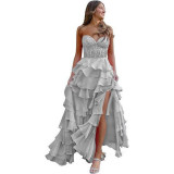 Women suspender Strapless Spring Summer sexy slit party ball Cascading Ruffles Evening Dress（Processing time need 3-6 days）