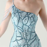 Women One Shoulder Beaded Sequin Embroidery Formal Party Prom Wedding Evening Dress